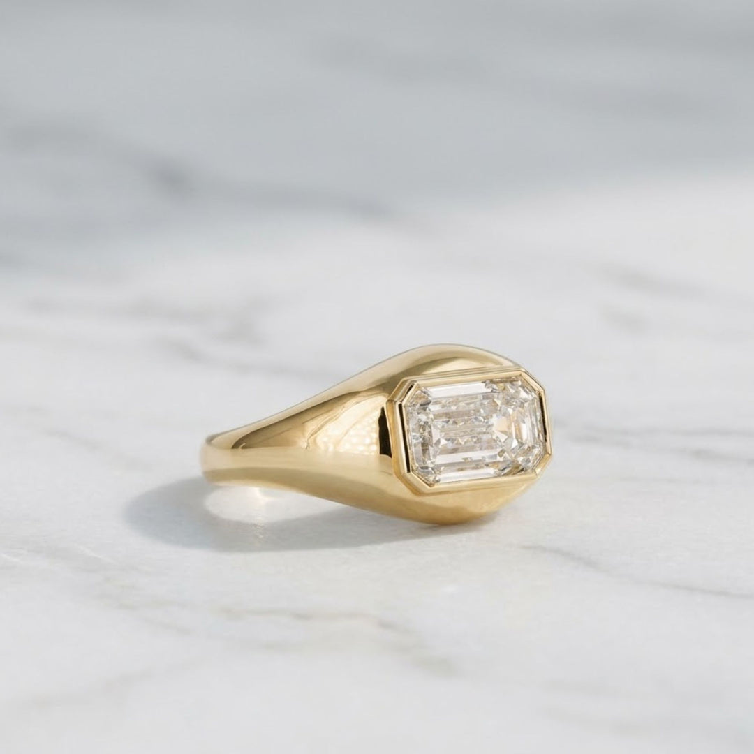 Emerald Cut Lab Grown Diamond Signet Ring, 14K Gold Bezel Set Dainty Engagement Ring, Minimalist Stackable Promise Ring, Birthday
