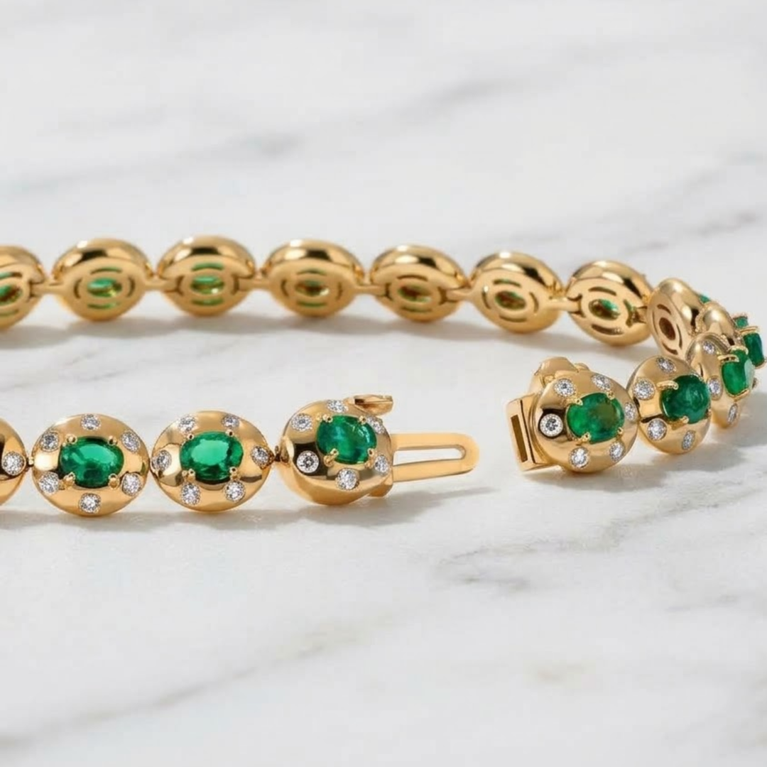 Natural Oval Cut Zambian Emerald & Diamond Gold Bracelet, 18K Solid Gold