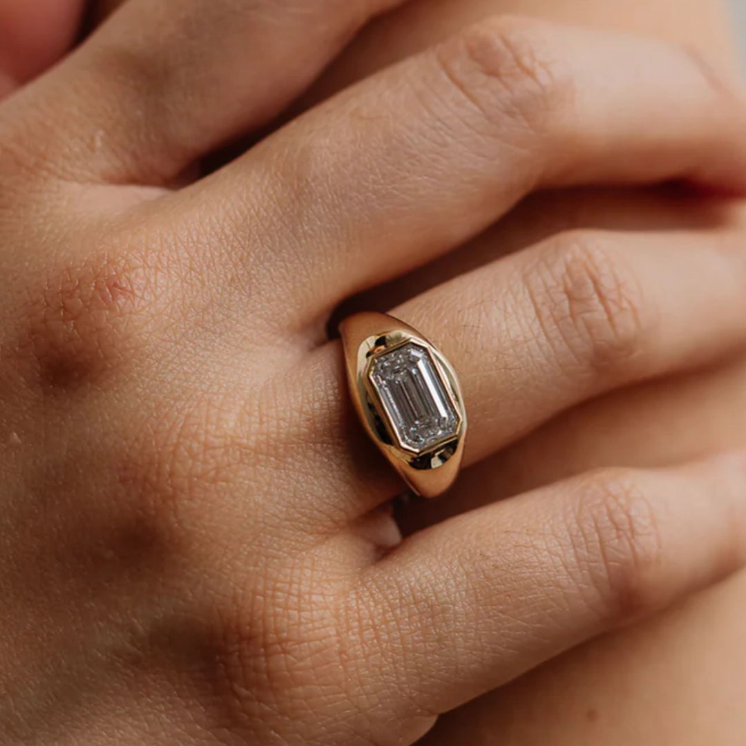 Emerald Cut Lab Grown Diamond Signet Ring, 14K Gold Bezel Set Dainty Engagement Ring, Minimalist Stackable Promise Ring, Birthday