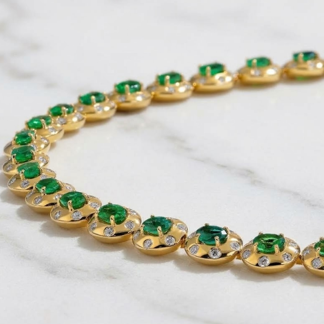 Natural Oval Cut Zambian Emerald & Diamond Gold Bracelet, 18K Solid Gold