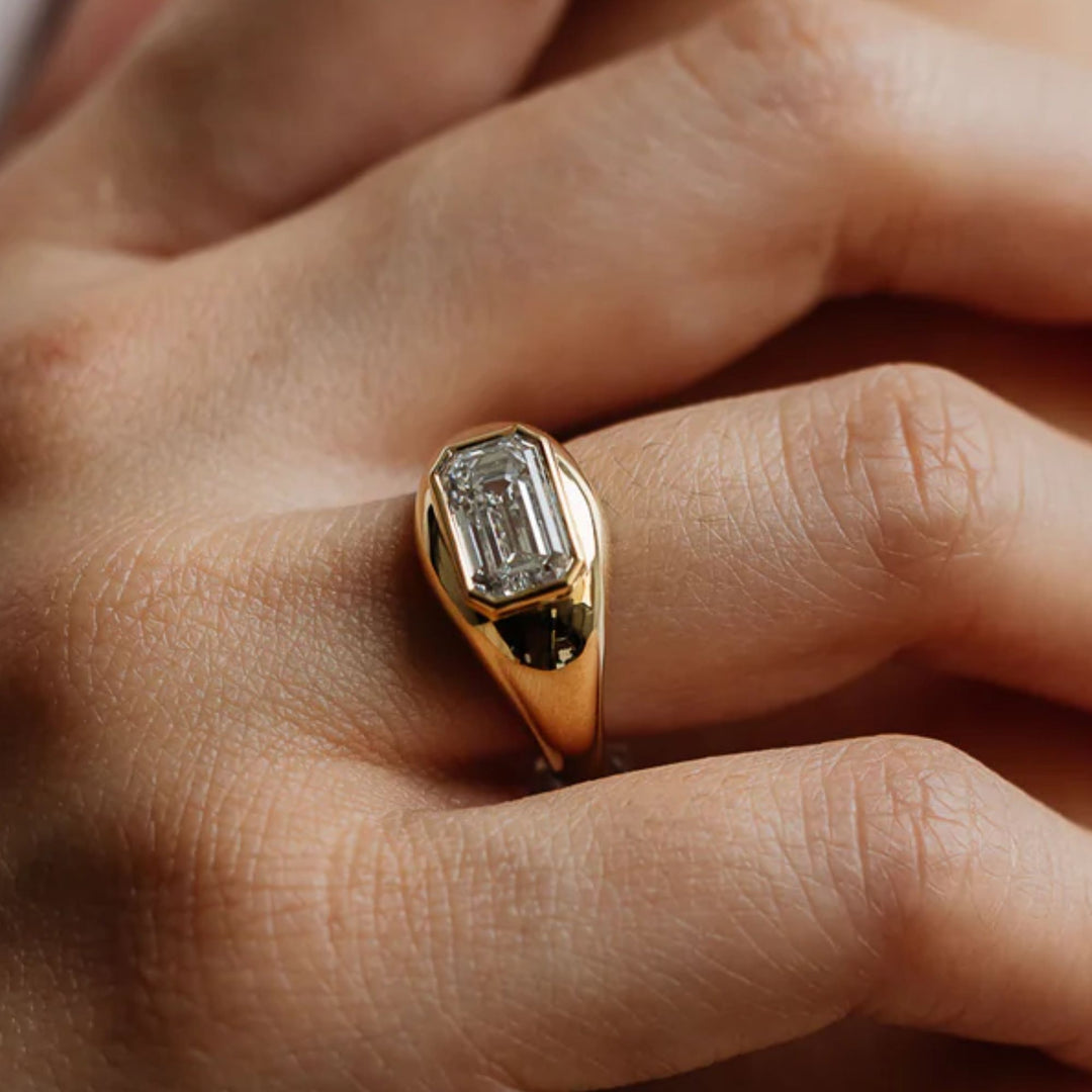 Emerald Cut Lab Grown Diamond Signet Ring, 14K Gold Bezel Set Dainty Engagement Ring, Minimalist Stackable Promise Ring, Birthday