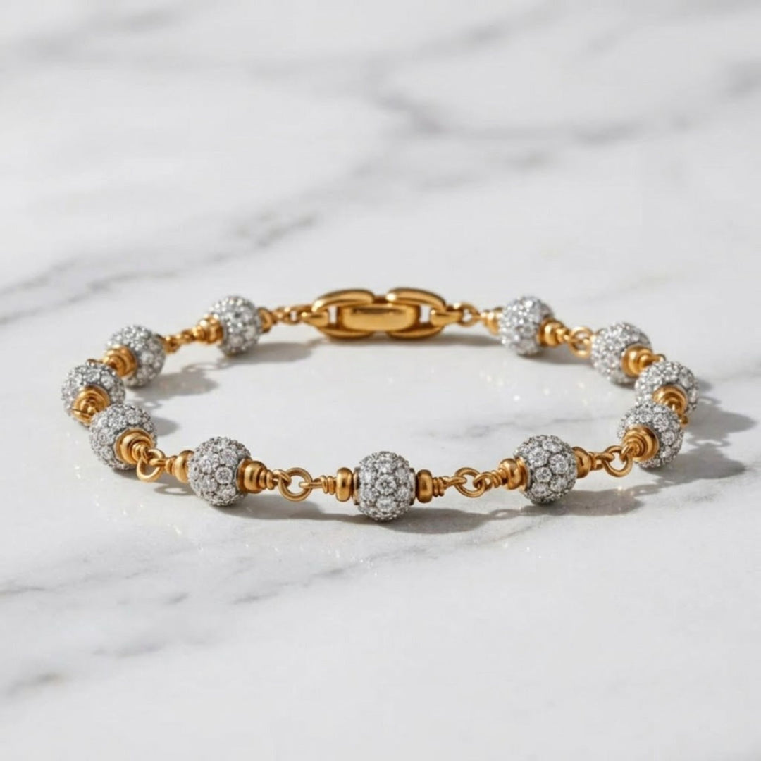 Gold Beaded Bracelet with Pave Lab Grown Diamonds, 14K Gold Jewelry for Men, Gift for Him, Luxury Gold Ball Jewelry, Elegant Gift Idea