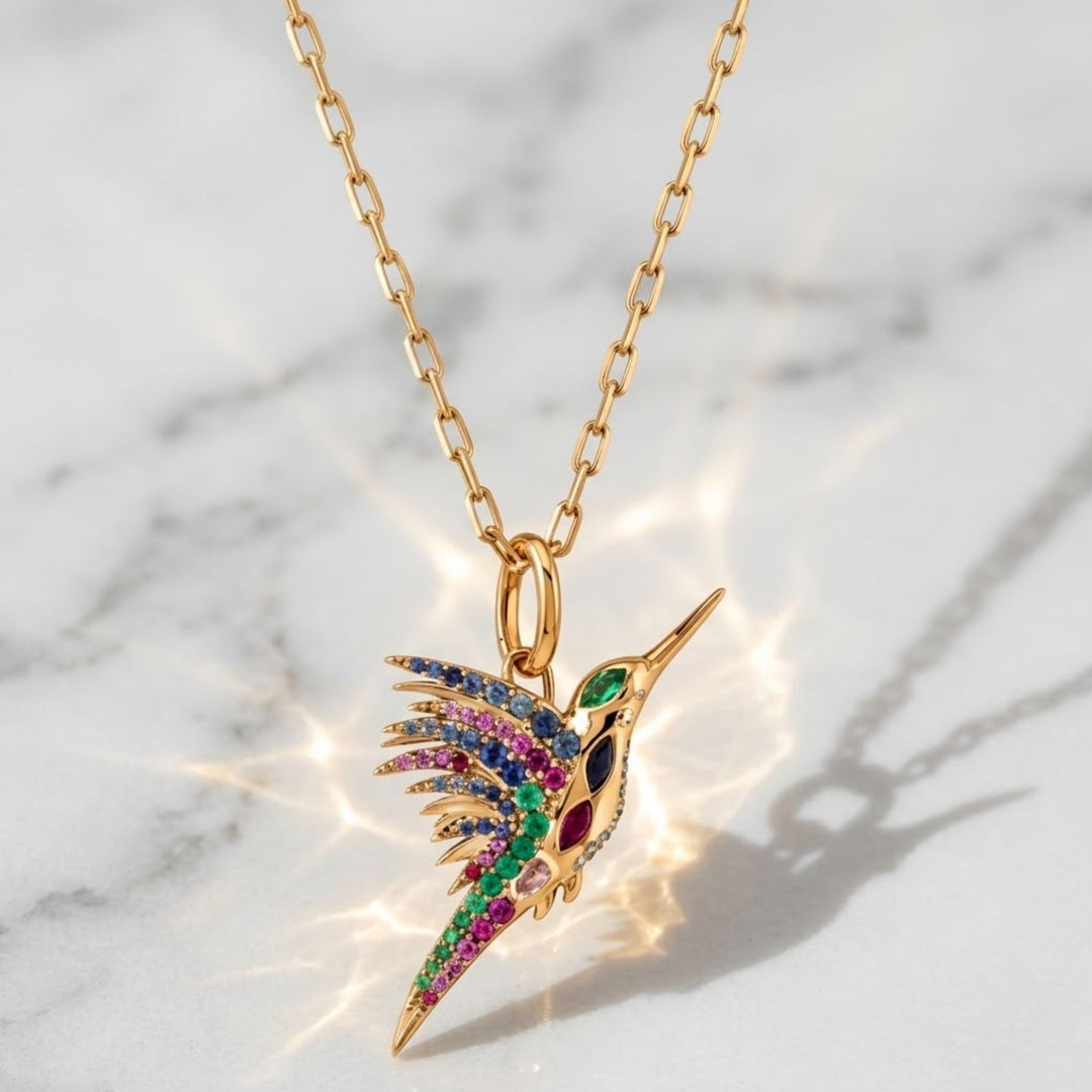 14k Gold Hummingbird Necklace, Diamond Pave Bird Pendant, Dainty Nature-Inspired Fine Jewelry Gift for Her