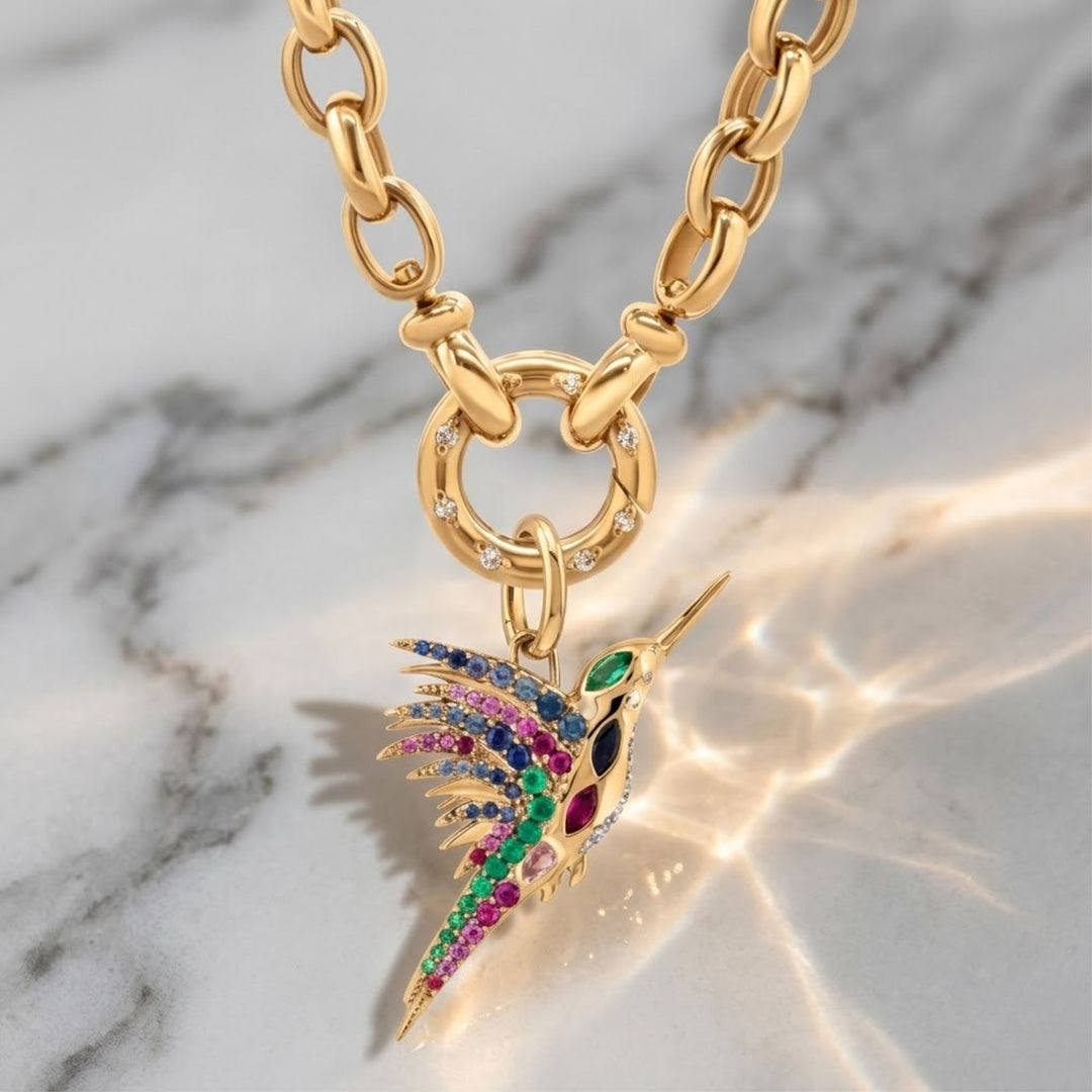 14k Gold Hummingbird Necklace, Diamond Pave Bird Pendant, Dainty Nature-Inspired Fine Jewelry Gift for Her