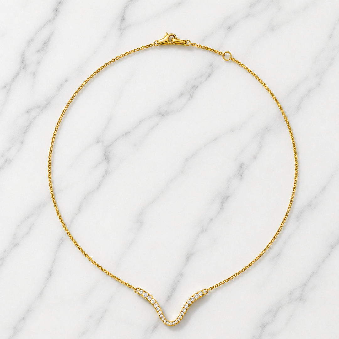 18K Solid Gold & Natural Round Cut Diamond Clara Curved Pendant Necklace