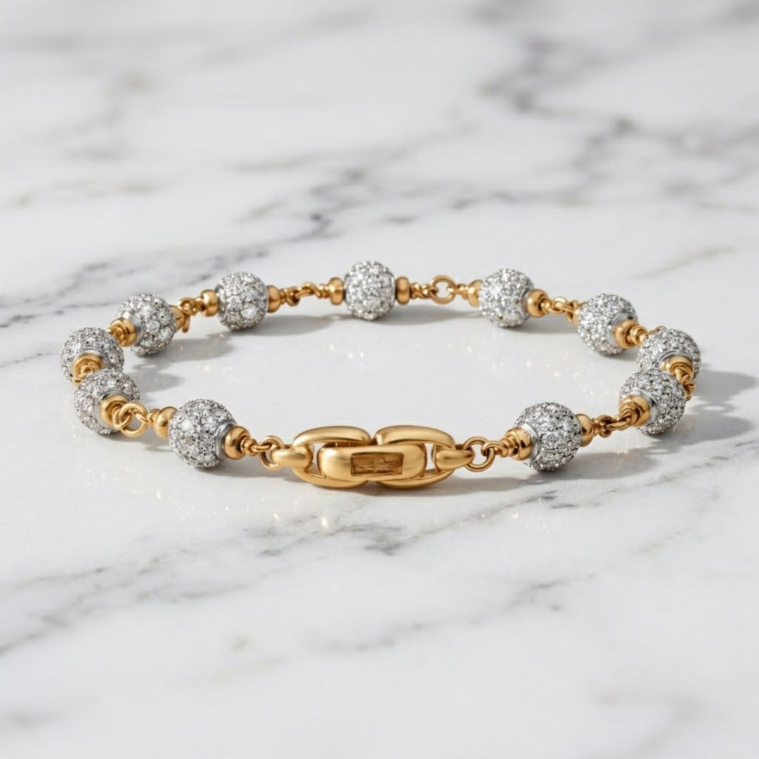 Gold Beaded Bracelet with Pave Lab Grown Diamonds, 14K Gold Jewelry for Men, Gift for Him, Luxury Gold Ball Jewelry, Elegant Gift Idea