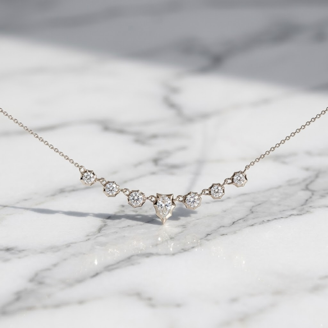 Sunburst Graduated Natural Diamond Necklace in 14K Solid Gold Natural Diamond Pendant, Pear Cut Diamond Necklace, Graduated Diamond Necklace