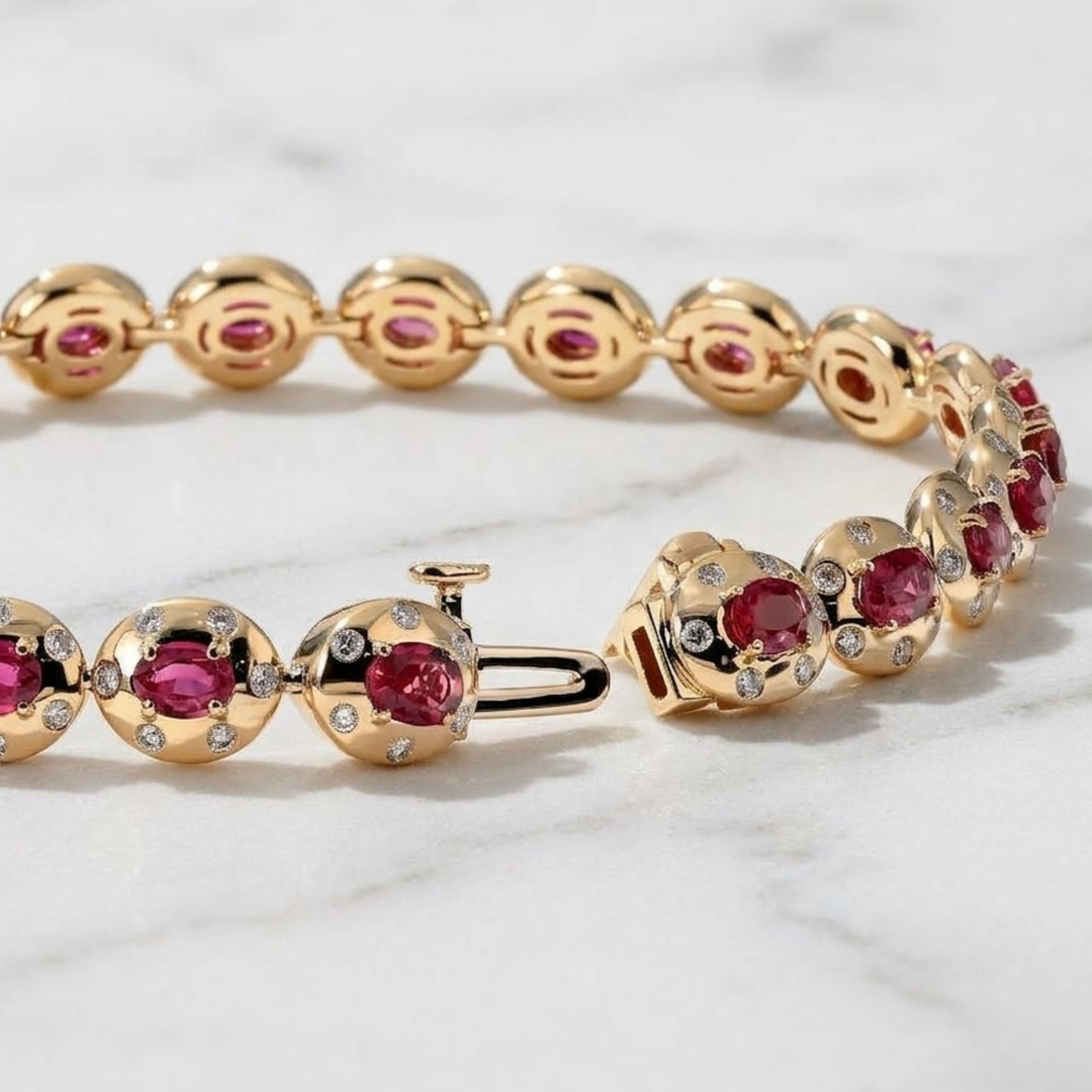 Natural Oval Cut Ruby & Diamond Gold Bracelet, 18K Gold
