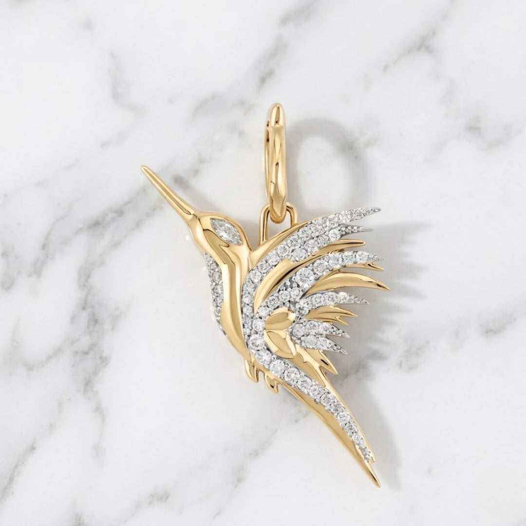 14k Gold Hummingbird Necklace, Diamond Pave Bird Pendant, Dainty Nature-Inspired Fine Jewelry Gift for Her