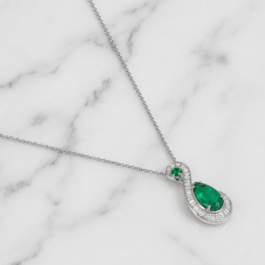 2.90 Ct. Emerald and Natural Diamond Pave Pendant, 18K Solid White Gold