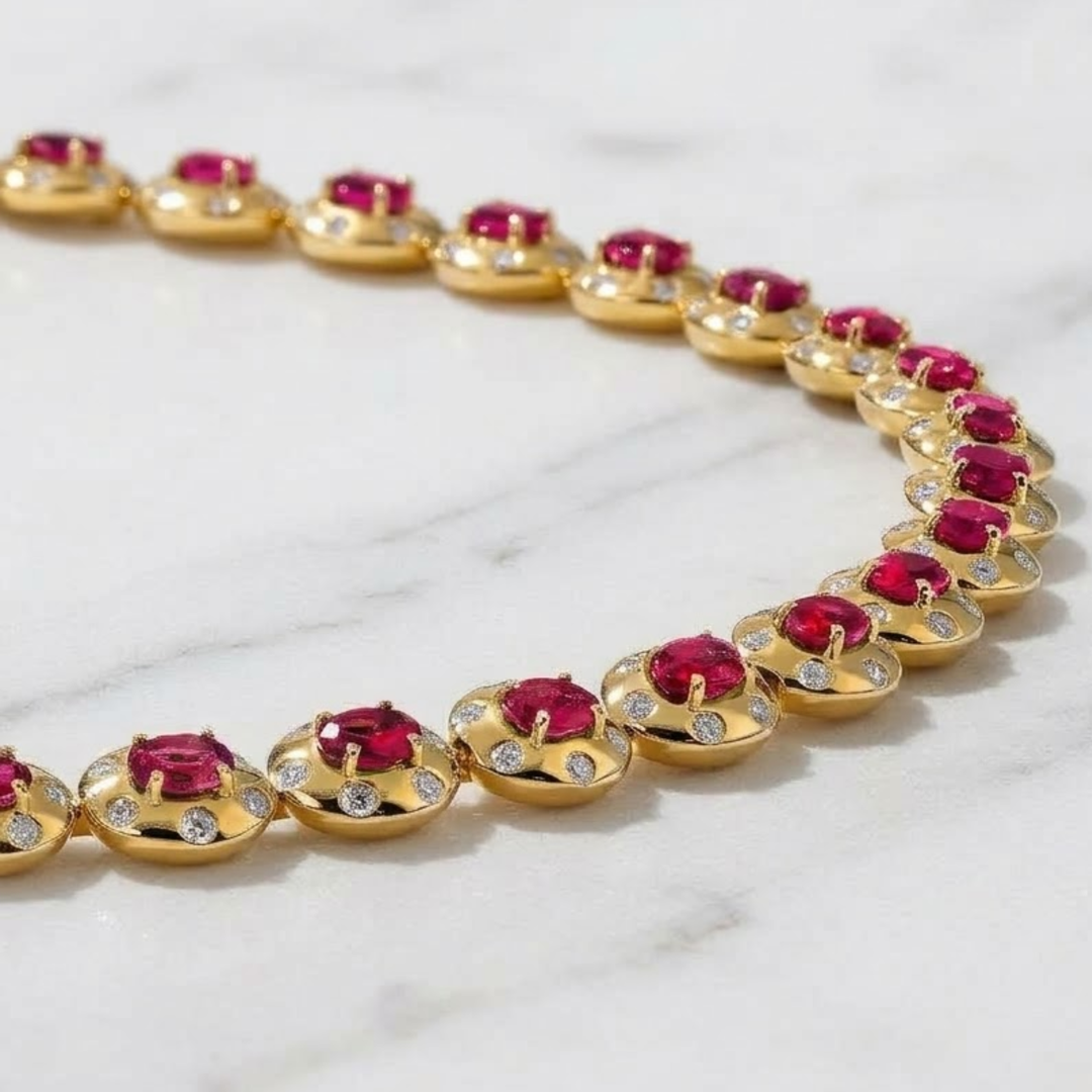 Natural Oval Cut Ruby & Diamond Gold Bracelet, 18K Gold
