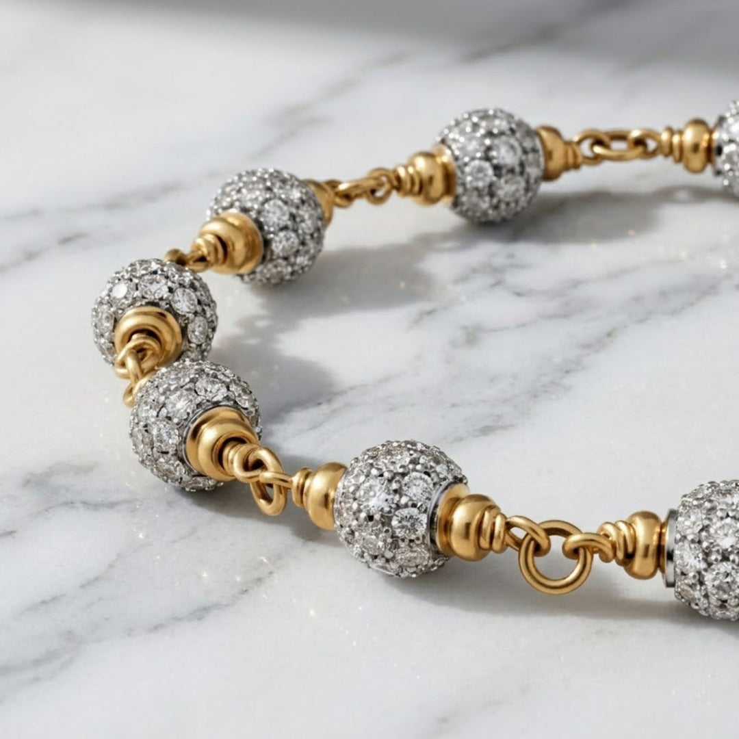 Gold Beaded Bracelet with Pave Lab Grown Diamonds, 14K Gold Jewelry for Men, Gift for Him, Luxury Gold Ball Jewelry, Elegant Gift Idea