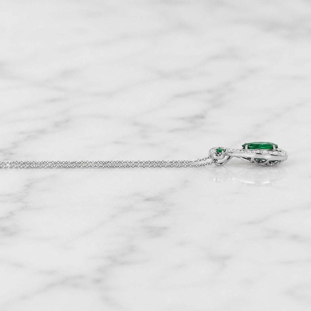 2.90 Ct. Emerald and Natural Diamond Pave Pendant, 18K Solid White Gold