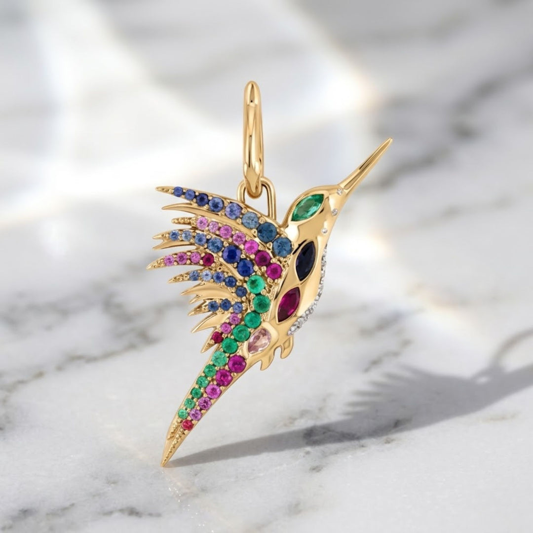 14k Gold Hummingbird Necklace, Diamond Pave Bird Pendant, Dainty Nature-Inspired Fine Jewelry Gift for Her