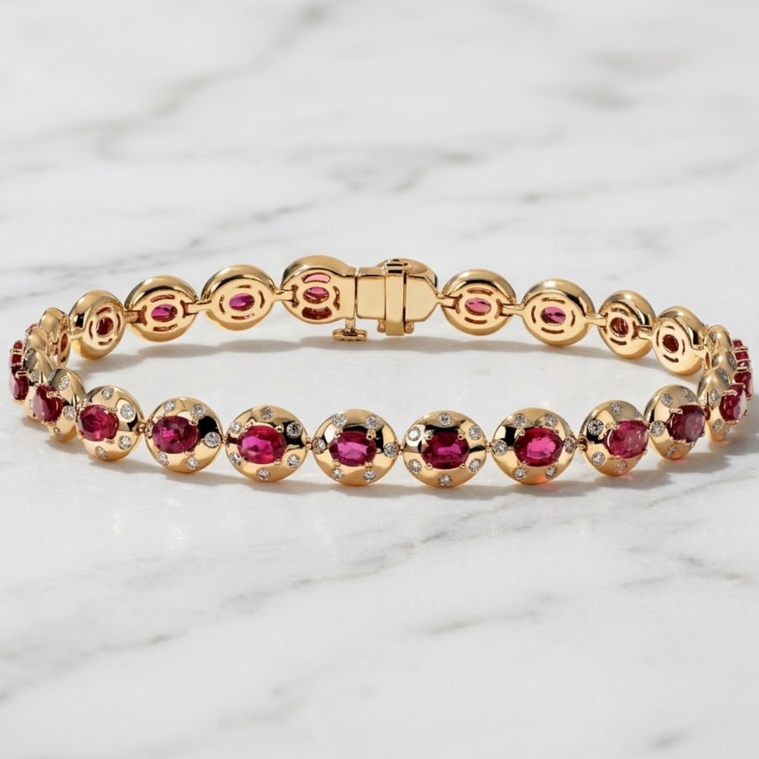 Natural Oval Cut Ruby & Diamond Gold Bracelet, 18K Gold