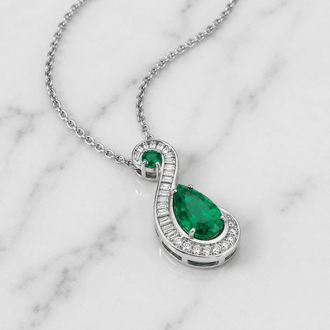 2.90 Ct. Emerald and Natural Diamond Pave Pendant, 18K Solid White Gold