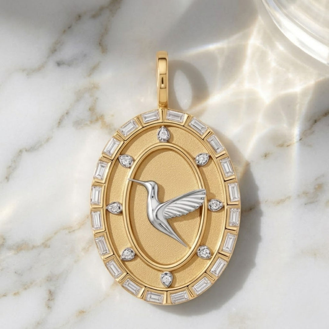 Diamond Medallion Pendant, Vintage Inspired Hummingbird Bird Charm, 14K Two-Tone Gold Statement Necklace, Gift for Her