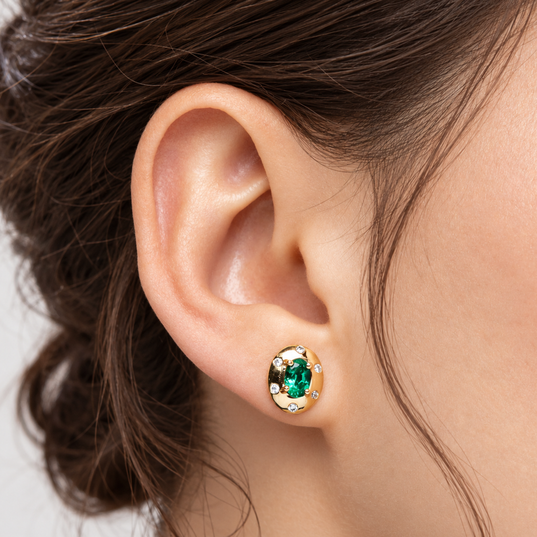 Natural Oval Cut Zambian Emeralds & Natural Diamonds Stud Earring, 18K Solid Gold
