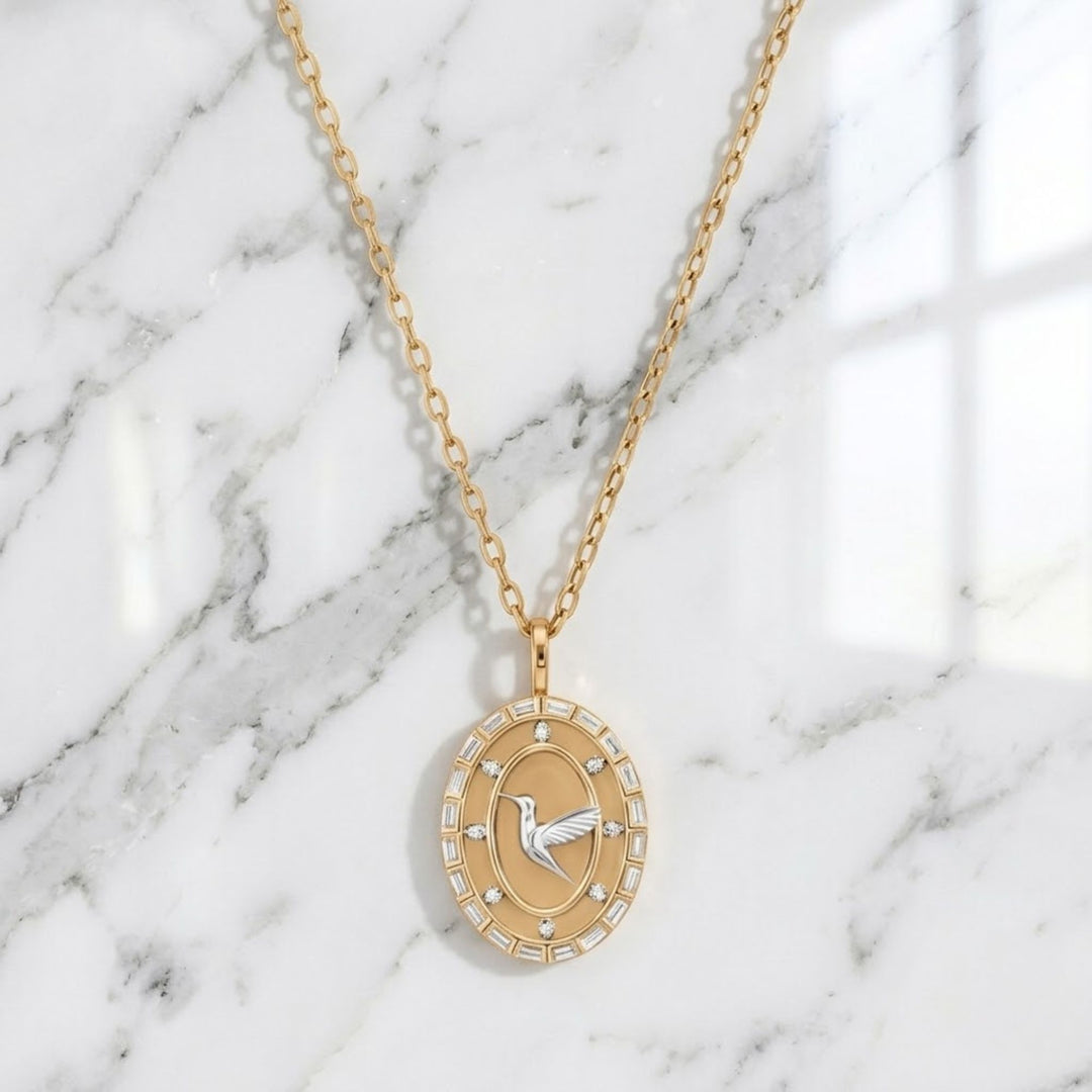 Diamond Medallion Pendant, Vintage Inspired Hummingbird Bird Charm, 14K Two-Tone Gold Statement Necklace, Gift for Her