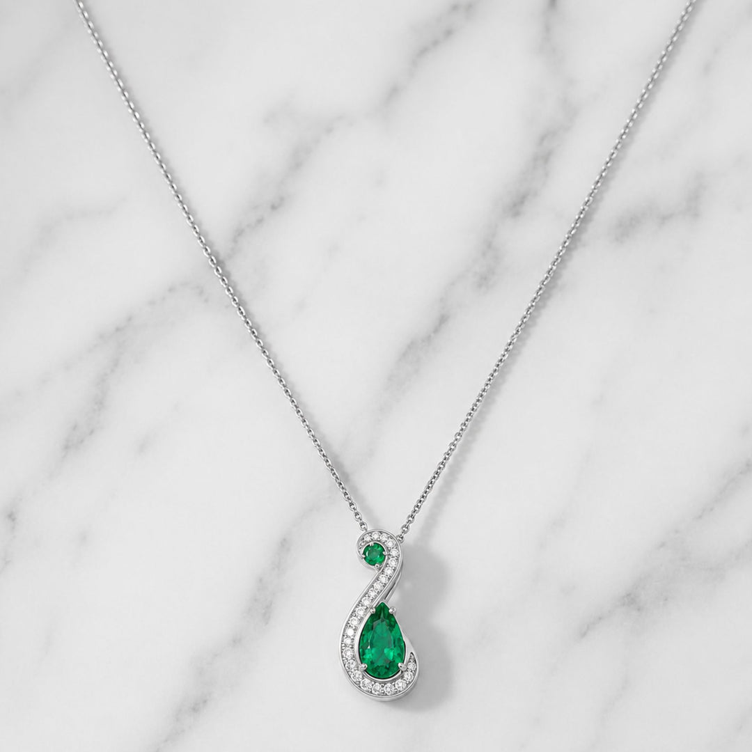 2.90 Ct. Emerald and Natural Diamond Pave Pendant, 18K Solid White Gold