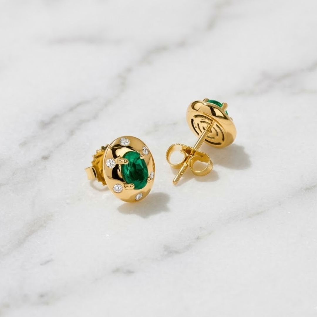 Natural Oval Cut Zambian Emeralds & Natural Diamonds Stud Earring, 18K Solid Gold