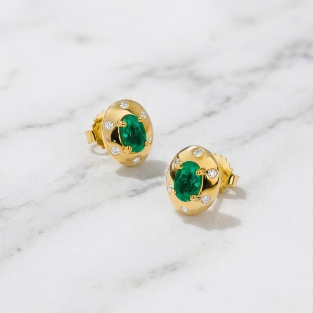Natural Oval Cut Zambian Emeralds & Natural Diamonds Stud Earring, 18K Solid Gold