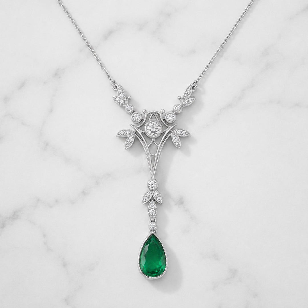 1.50 Ct. Emerald and Natural Diamond Antique Style Necklace, 18K Solid White Gold