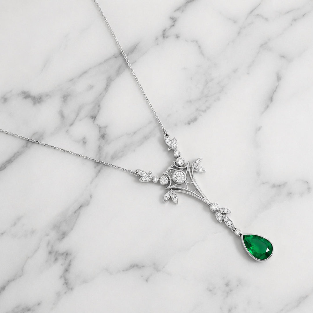 1.50 Ct. Emerald and Natural Diamond Antique Style Necklace, 18K Solid White Gold