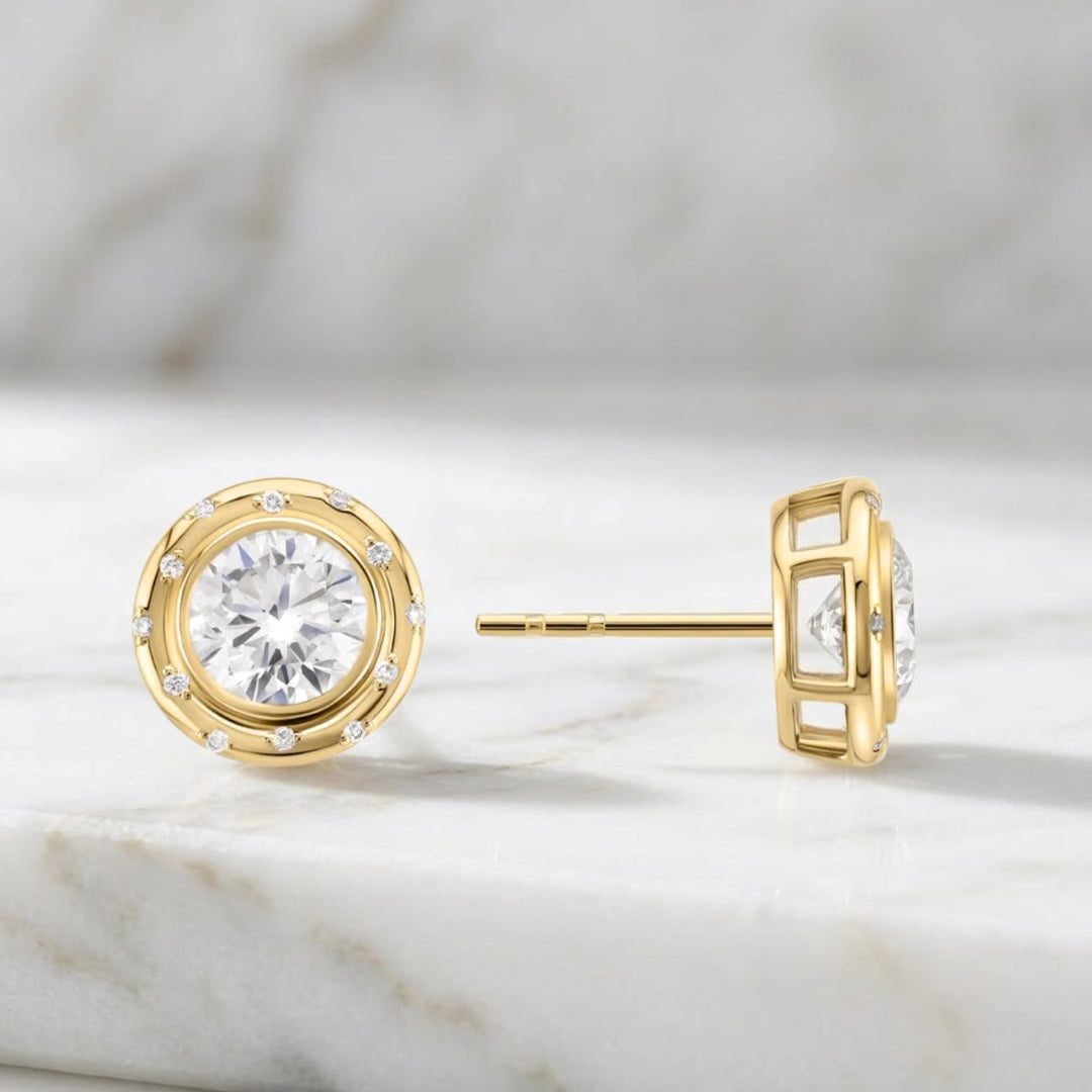 Round Cut Lab Diamond Stud Earrings / 14K Yellow Gold Bezel Set Women's Earrings / Conflict Free Diamond Earrings For Wedding Gift