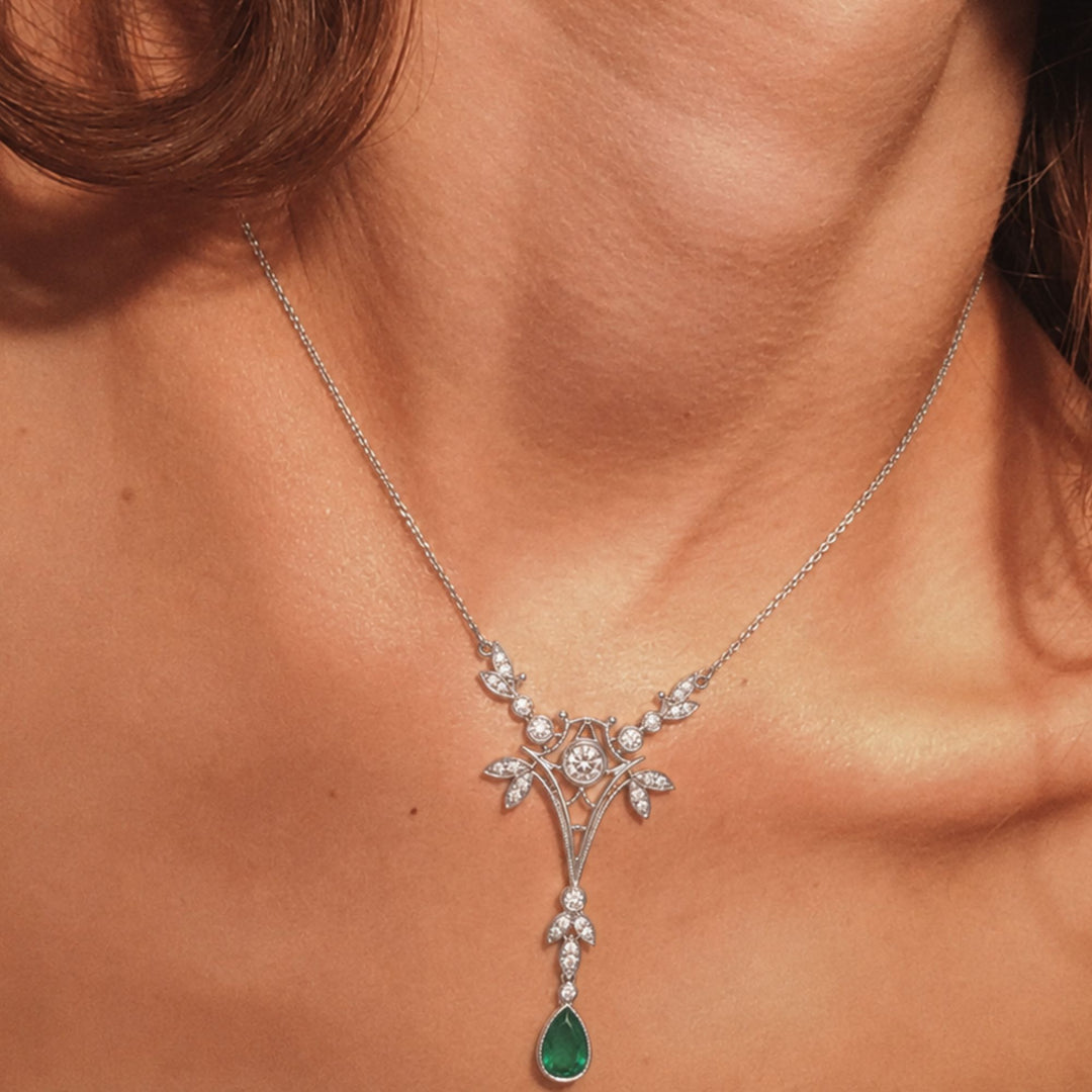 1.50 Ct. Emerald and Natural Diamond Antique Style Necklace, 18K Solid White Gold