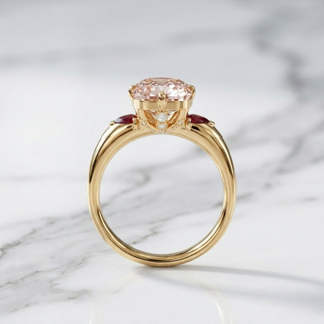 Cushion Lab Grown Pink Diamond Engagement Ring, 14K Yellow Gold trillion Ring