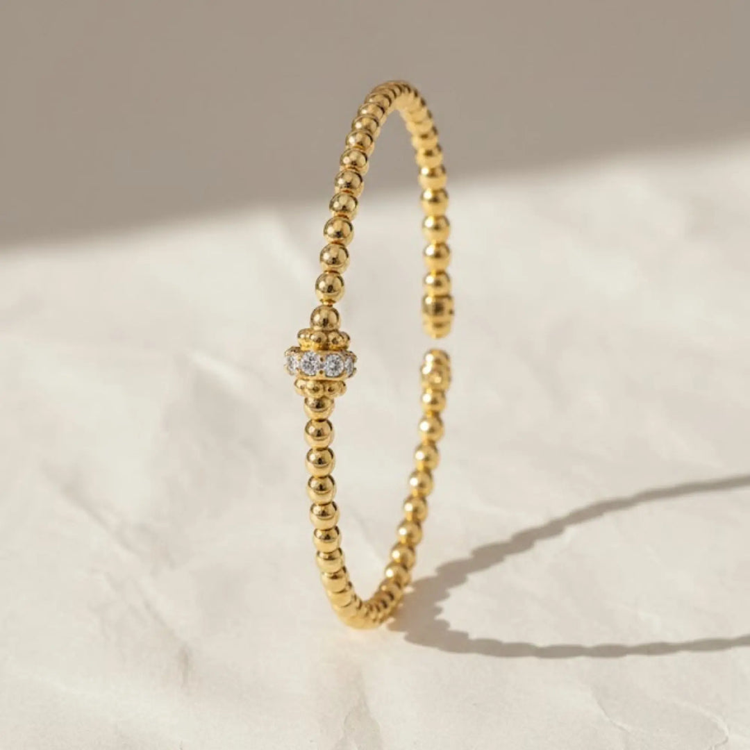 Gold Beaded Bracelet with Diamond Accent, Lab Grown Diamond Bracelet, Minimalist Stacking Jewelry Jwalin Jewels