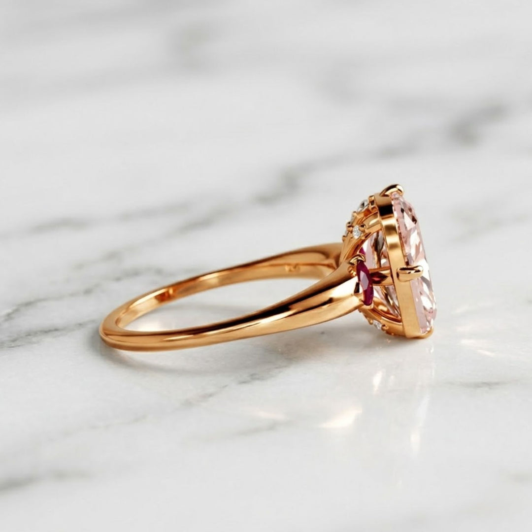 Cushion Lab Grown Pink Diamond Engagement Ring, 14K Yellow Gold trillion Ring