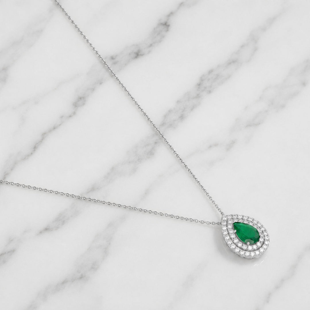 2.25 Ct. Emerald and Natural Diamond Pave Pendant, 18K Solid White Gold