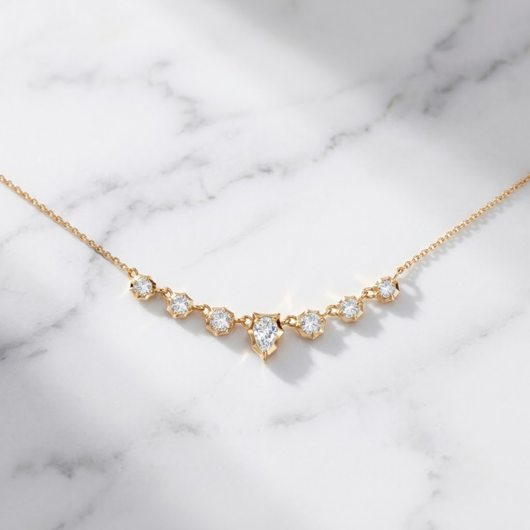 Sunburst Graduated Natural Diamond Necklace in 14K Solid Gold Natural Diamond Pendant, Pear Cut Diamond Necklace, Graduated Diamond Necklace