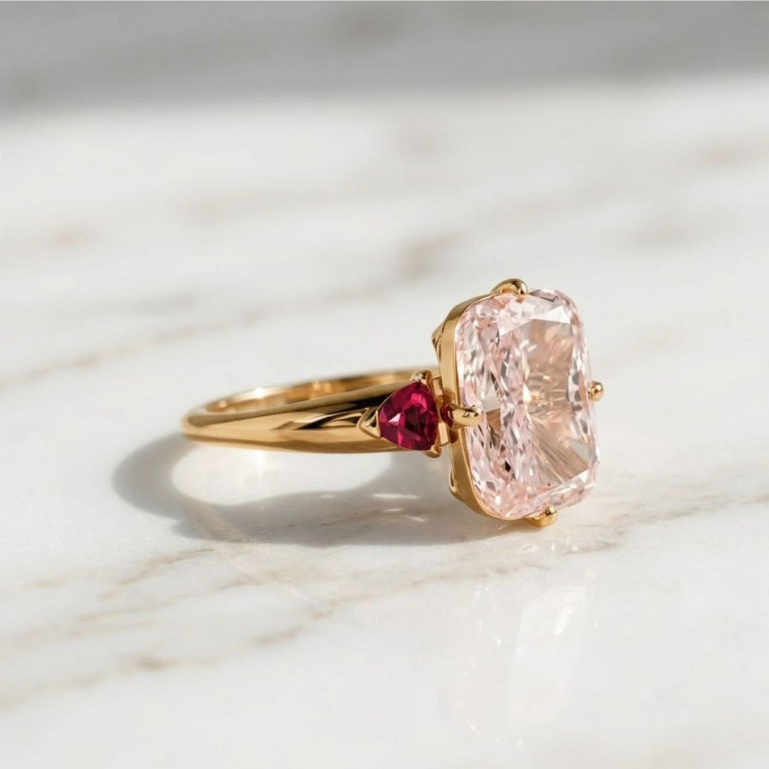 Cushion Lab Grown Pink Diamond Engagement Ring, 14K Yellow Gold trillion Ring