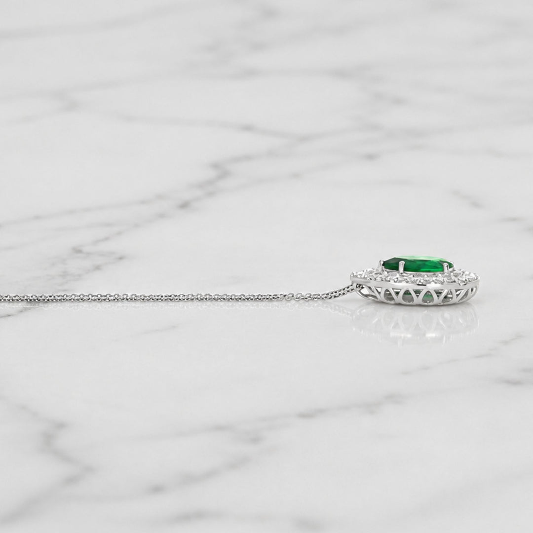 2.25 Ct. Emerald and Natural Diamond Pave Pendant, 18K Solid White Gold
