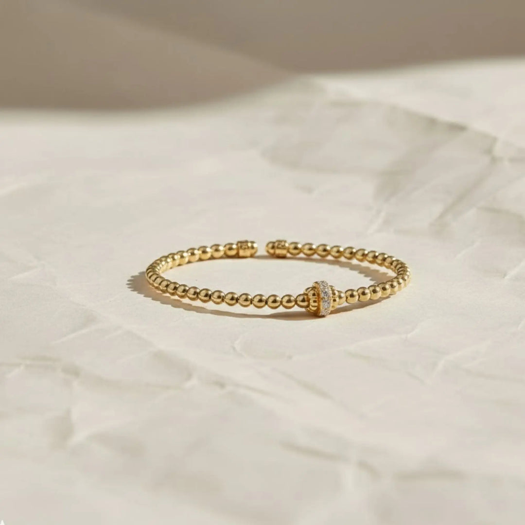 Gold Beaded Bracelet with Diamond Accent, Lab Grown Diamond Bracelet, Minimalist Stacking Jewelry Jwalin Jewels