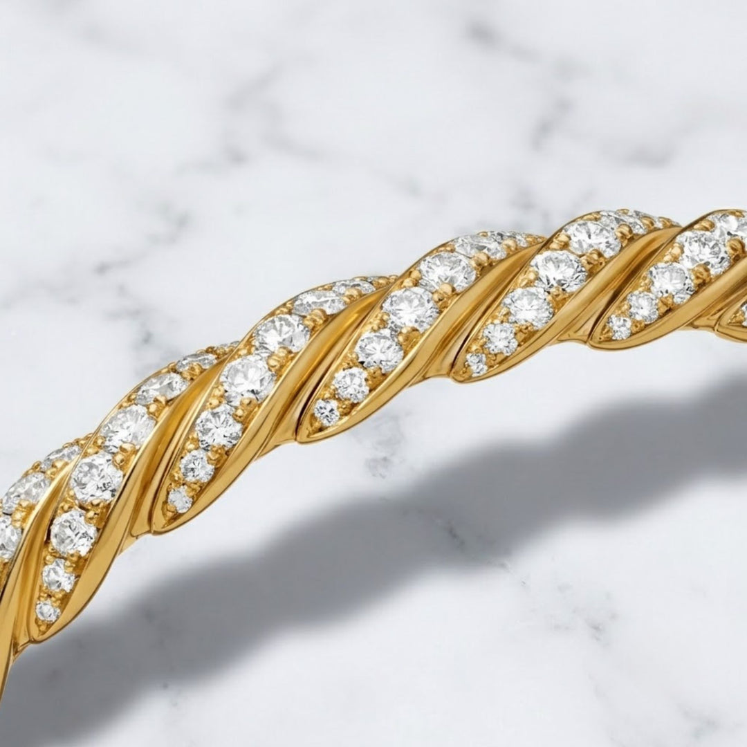 Diamond Twist Bangle, 14k 18k Solid Gold, Diamond Accents, Twisted Rope Bracelet, Minimalist Jewelry, Subtle Elegance, Modern Design