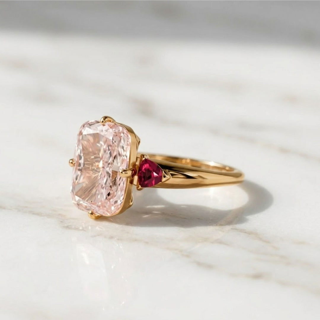 Cushion Lab Grown Pink Diamond Engagement Ring, 14K Yellow Gold trillion Ring