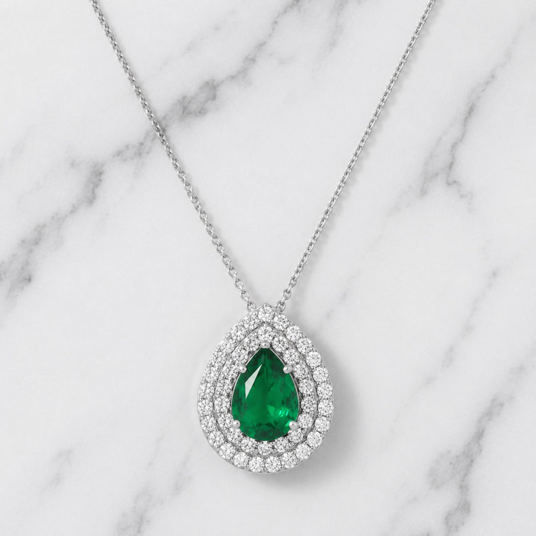 2.25 Ct. Emerald and Natural Diamond Pave Pendant, 18K Solid White Gold