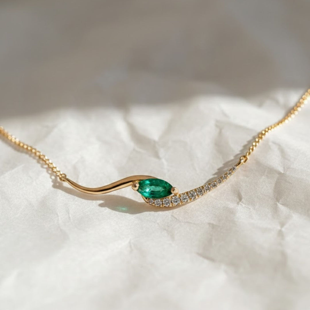 Lab Grown Emerald Marquise Necklace with Pave and Prong Set Diamonds in 9K, 14K, 18K White, Yellow, Rose Gold | Gift for Her,Elegant Jewelry