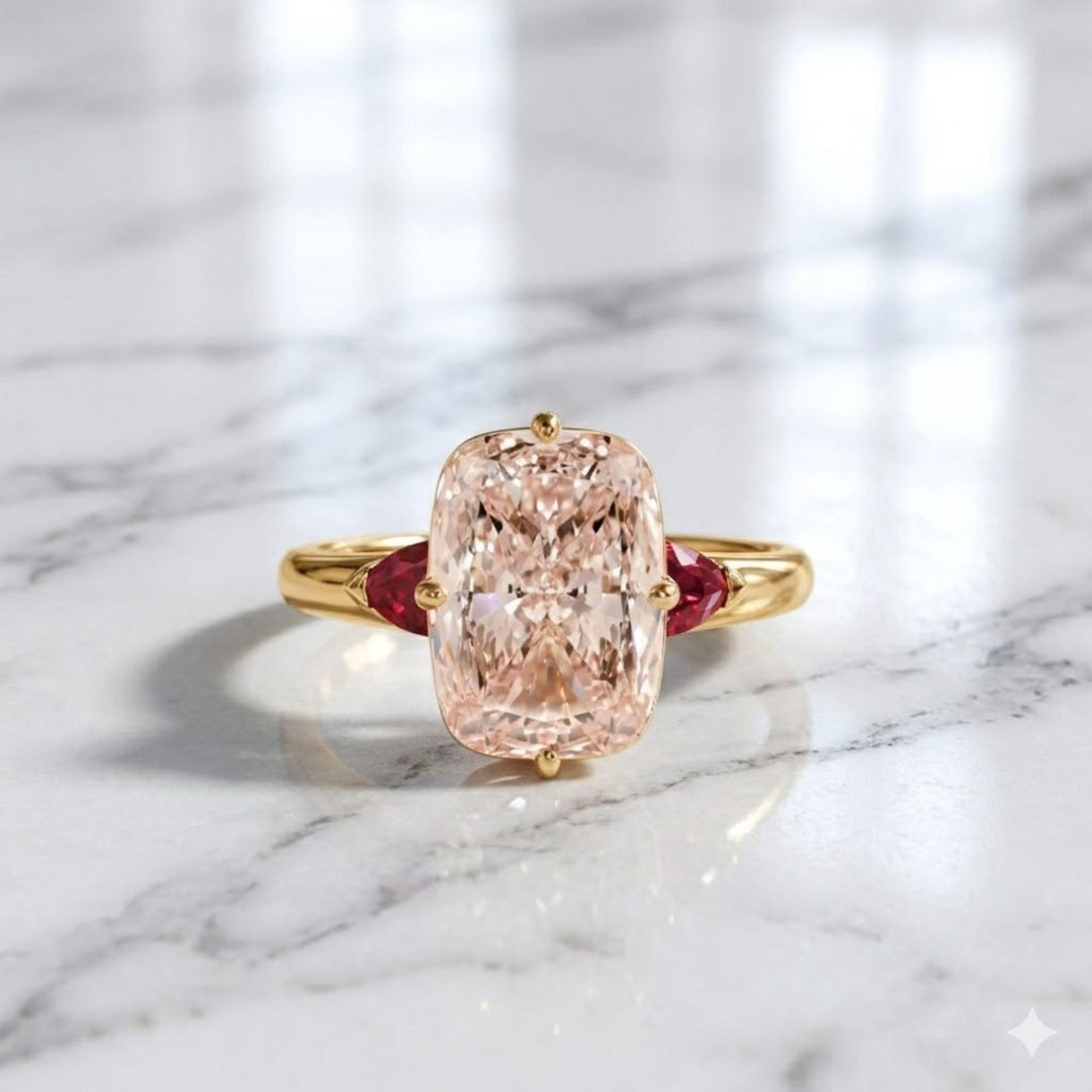 Cushion Lab Grown Pink Diamond Engagement Ring, 14K Yellow Gold trillion Ring