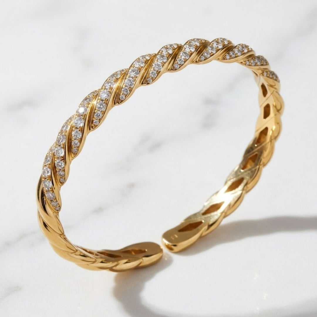 Diamond Twist Bangle, 14k 18k Solid Gold, Diamond Accents, Twisted Rope Bracelet, Minimalist Jewelry, Subtle Elegance, Modern Design