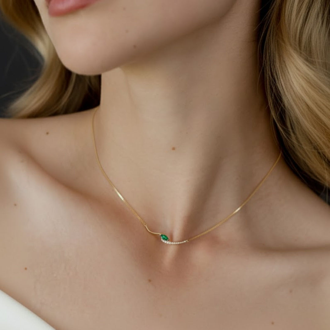 Lab Grown Emerald Marquise Necklace with Pave and Prong Set Diamonds in 9K, 14K, 18K White, Yellow, Rose Gold | Gift for Her,Elegant Jewelry
