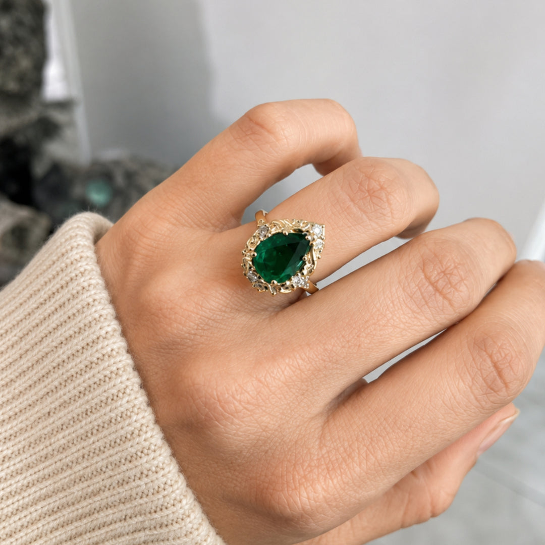 2.85tcw Teardrop Natural Emerald & Diamond Spinkle Scroll Work Vintage Inspired Ring 18K Solid Gold