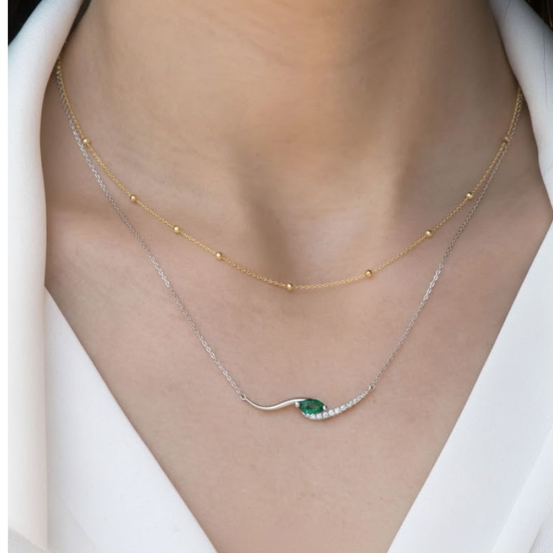 Lab Grown Emerald Marquise Necklace with Pave and Prong Set Diamonds in 9K, 14K, 18K White, Yellow, Rose Gold | Gift for Her,Elegant Jewelry
