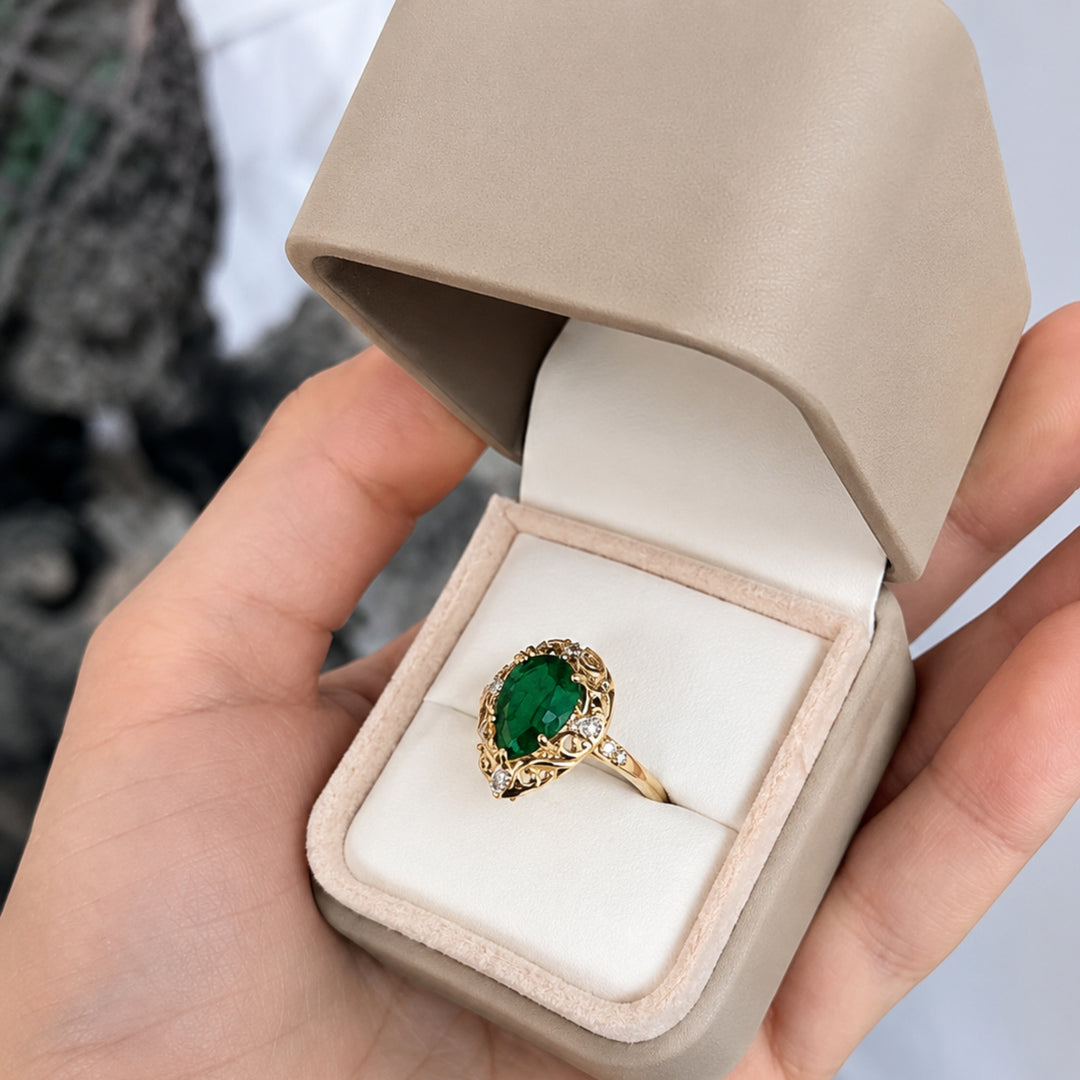 2.85tcw Teardrop Natural Emerald & Diamond Spinkle Scroll Work Vintage Inspired Ring 18K Solid Gold