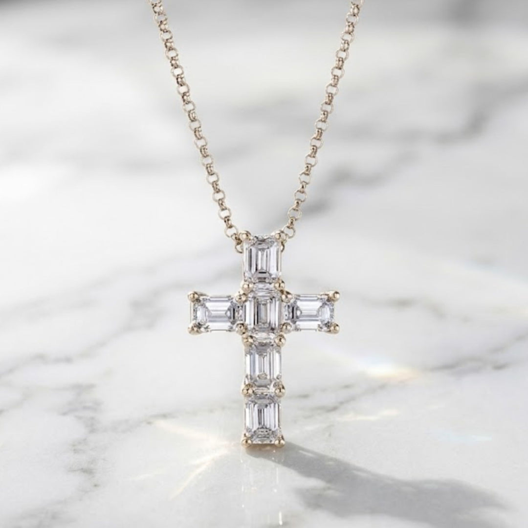 Emerald Cut Diamond Cross Necklace in 14K Solid Gold Natural  Diamonds, Statement Diamond Cross Necklace, Bridal Cross Necklace, Christian Gift