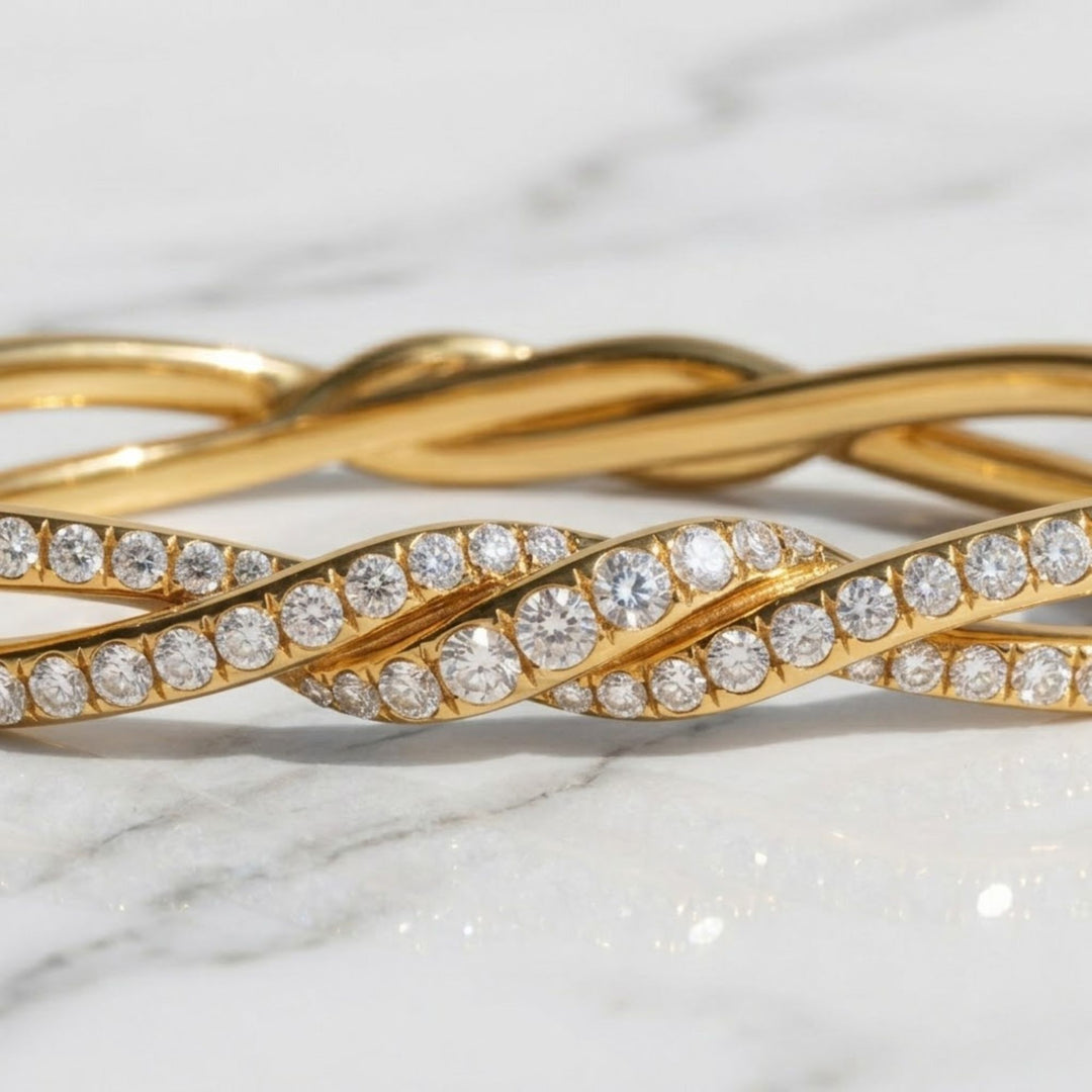 14k Solid Gold Diamond Twist Bangle, Handmade Rope Bracelet